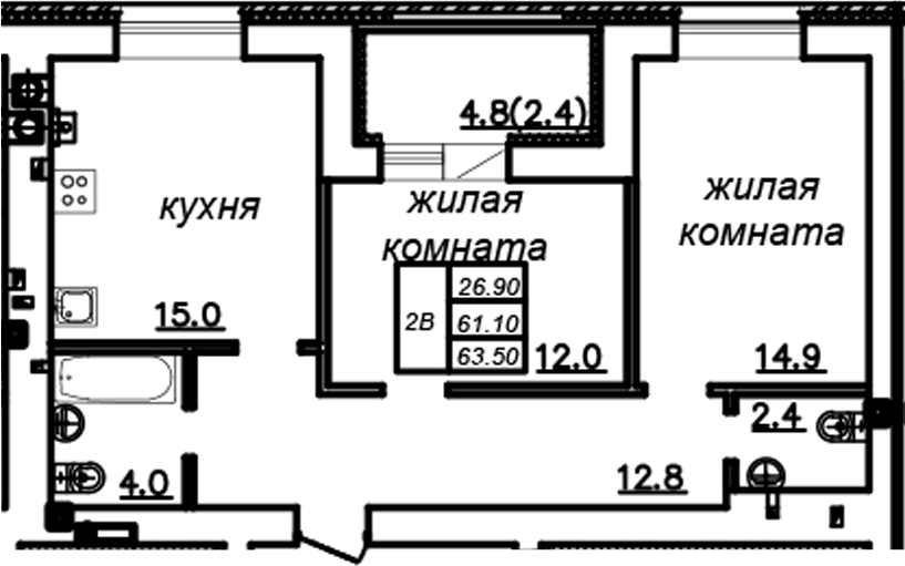 Планировка — Зеленая долина, 2-комн., 61 м²