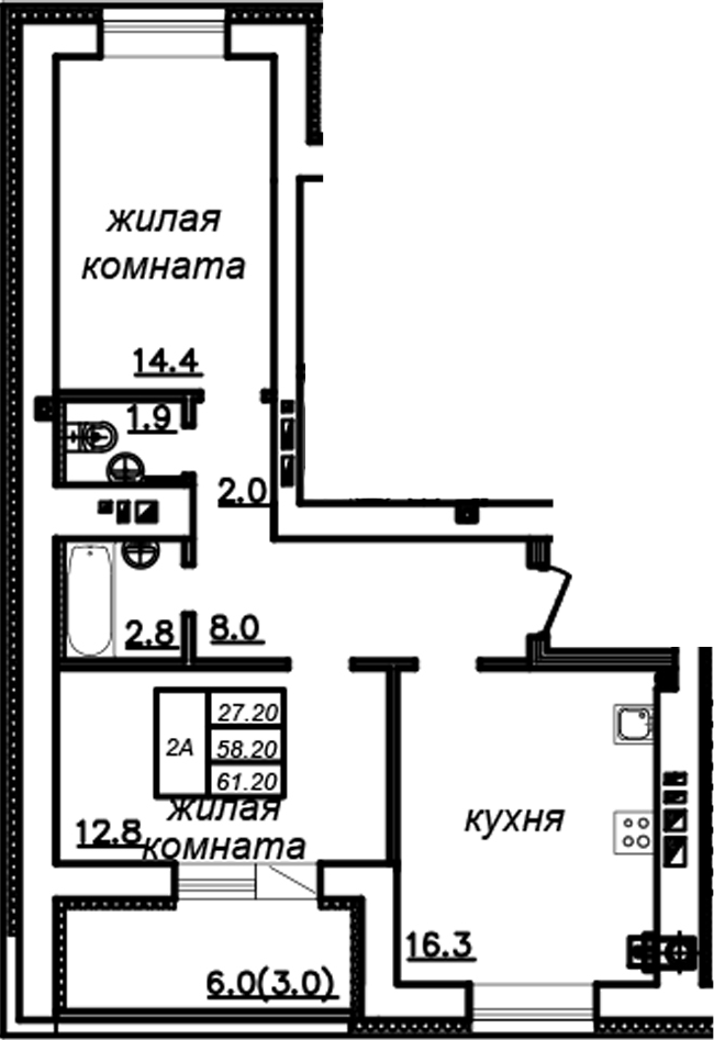 Планировка — Зеленая долина, 2-комн., 58 м²