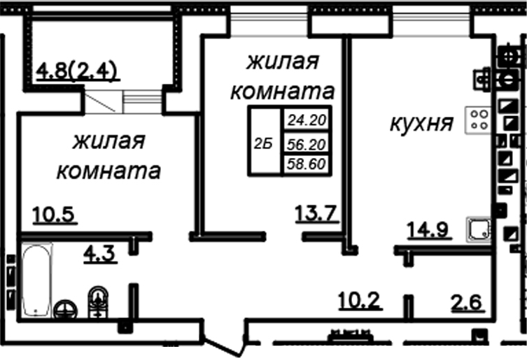 Планировка — Зеленая долина, 2-комн., 56 м²