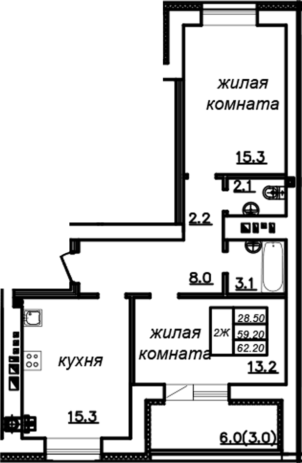 Планировка — Зеленая долина, 2-комн., 59 м²