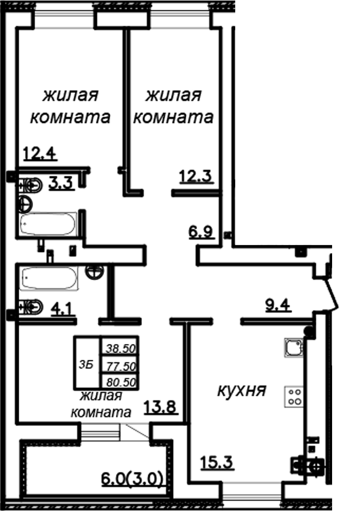 Планировка — Зеленая долина, 3-комн., 78 м²