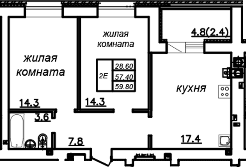Планировка — Зеленая долина, 2-комн., 57 м²