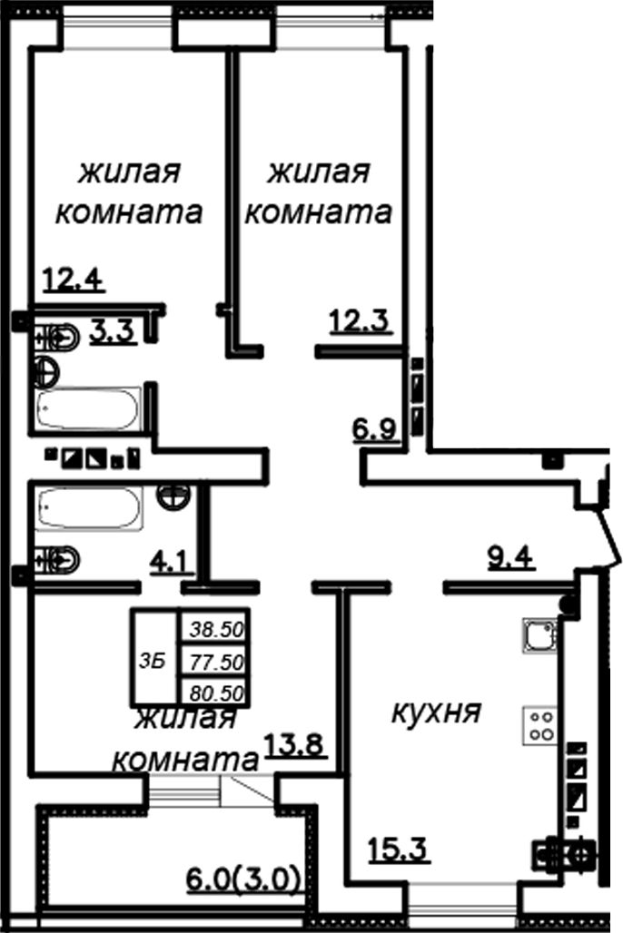Планировка — Зеленая долина, 3-комн., 78 м²