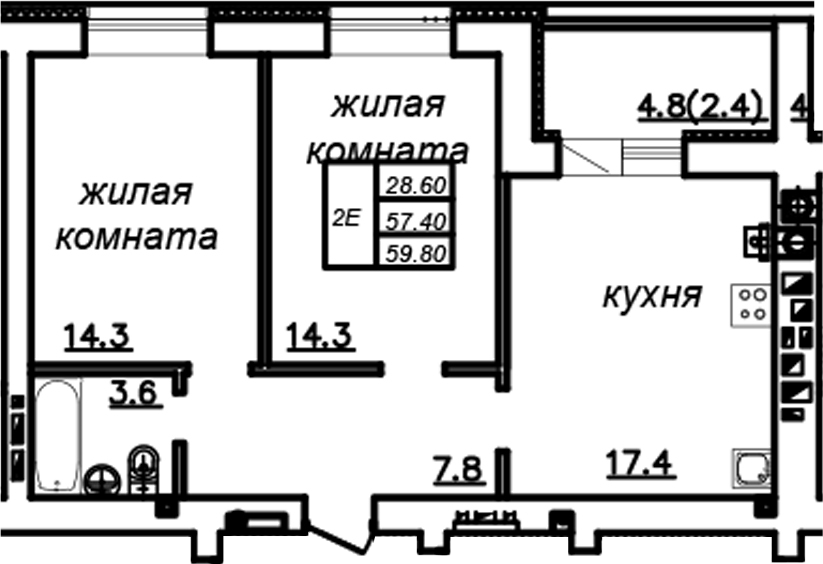 Планировка — Зеленая долина, 2-комн., 57 м²