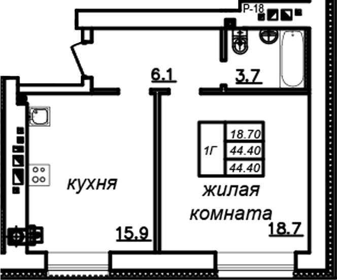 Планировка — Зеленая долина, 1-комн., 44 м²
