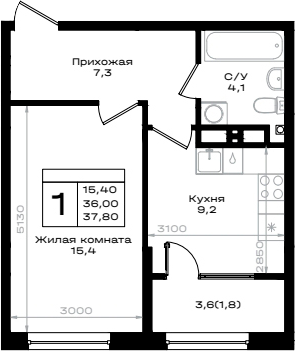 Планировка — Придонье, 1-комн., 36 м²
