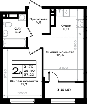 Планировка — Придонье, 1-комн., 35 м²