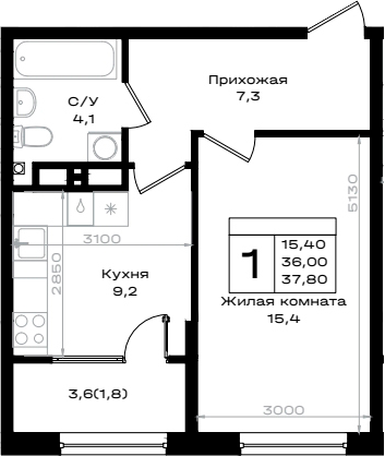 Планировка — Придонье, 1-комн., 36 м²