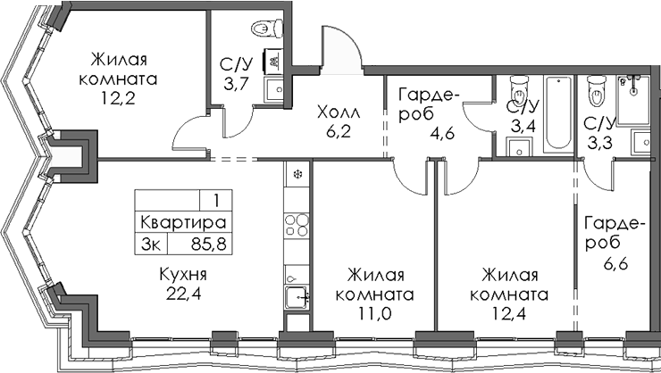 Планировка — Ботаническая 3, 3-комн., 86 м²