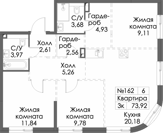 Планировка — Таулар, 3-комн., 74 м²