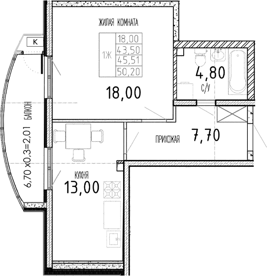 Планировка — Мост, 1-комн., 44 м²