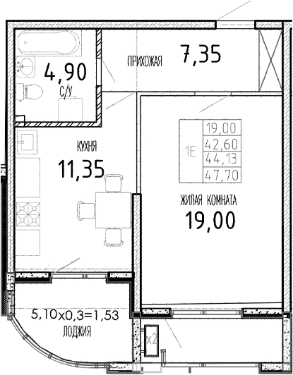 Планировка — Мост, 1-комн., 43 м²