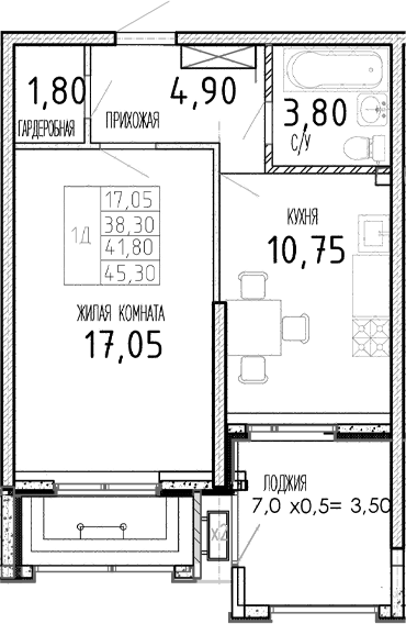 Планировка — Мост, 1-комн., 38 м²