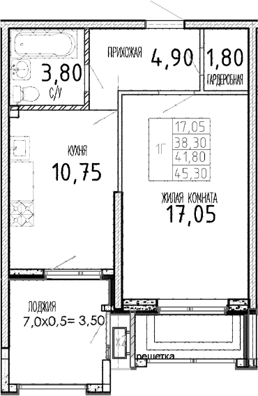 Планировка — Мост, 1-комн., 38 м²