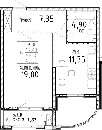 Планировка — Мост, 1-комн., 43 м²