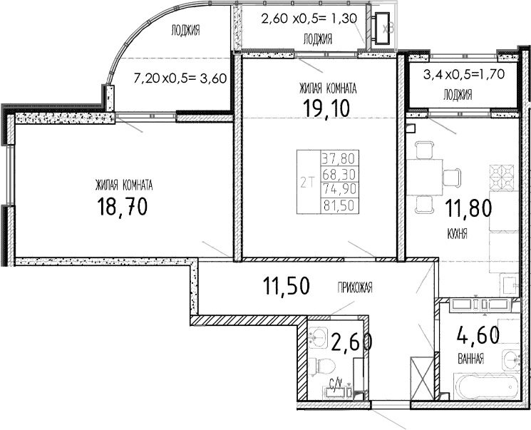 Планировка — Мост, 2-комн., 68 м²