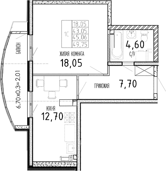 Планировка — Мост, 1-комн., 43 м²