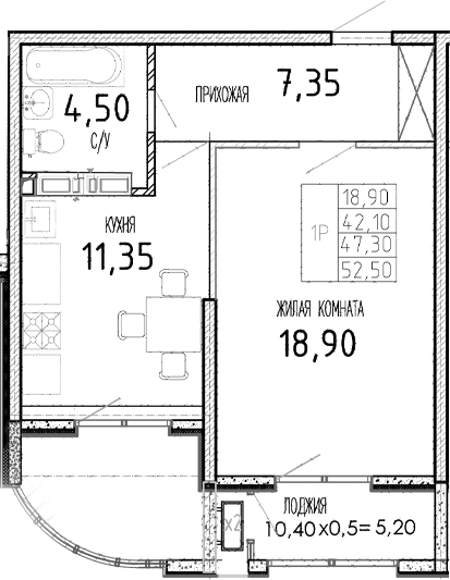 Планировка — Мост, 1-комн., 42 м²