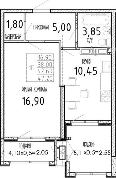 Планировка — Мост, 1-комн., 38 м²