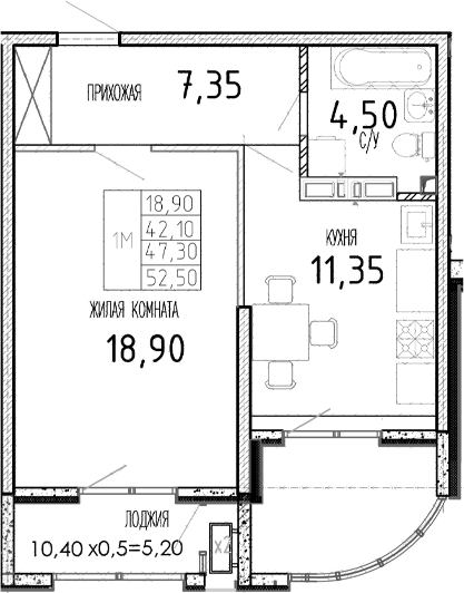 Планировка — Мост, 1-комн., 42 м²