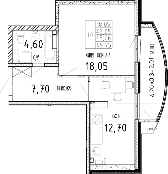 Планировка — Мост, 1-комн., 43 м²