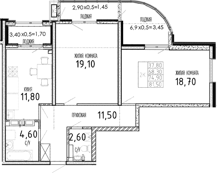 Планировка — Мост, 2-комн., 68 м²