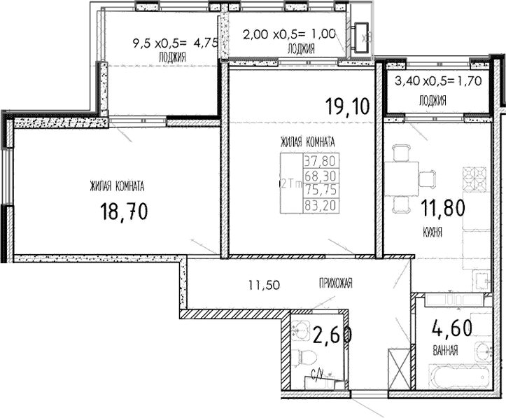 Планировка — Мост, 2-комн., 68 м²