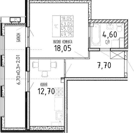 Планировка — Мост, 1-комн., 43 м²