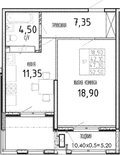 Планировка — Мост, 1-комн., 42 м²