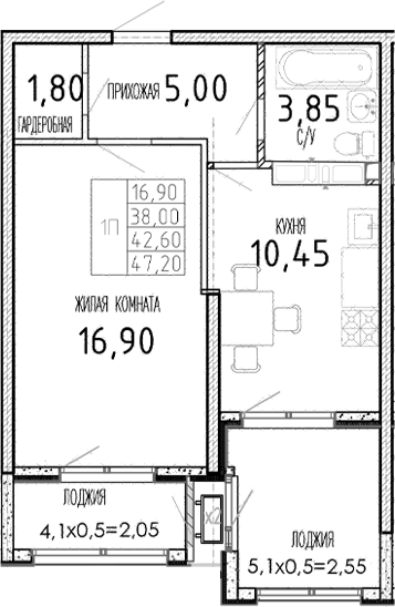 Планировка — Мост, 1-комн., 38 м²