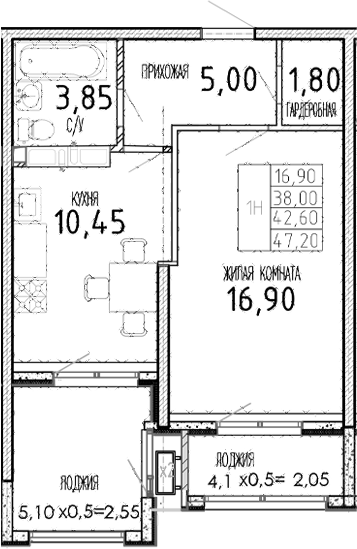 Планировка — Мост, 1-комн., 38 м²