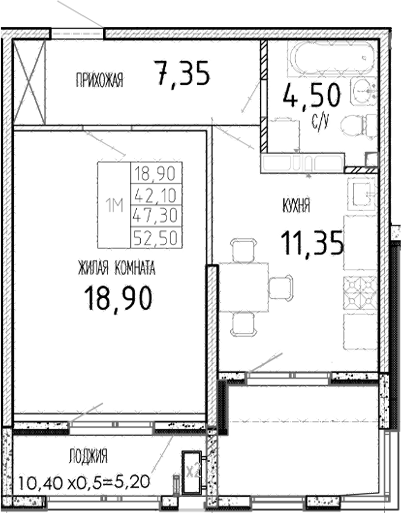 Планировка — Мост, 1-комн., 42 м²