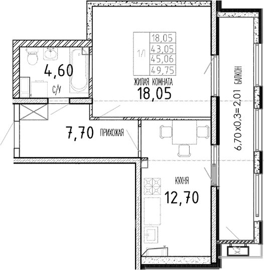 Планировка — Мост, 1-комн., 43 м²