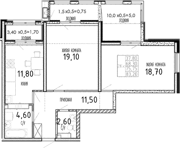 Планировка — Мост, 2-комн., 68 м²
