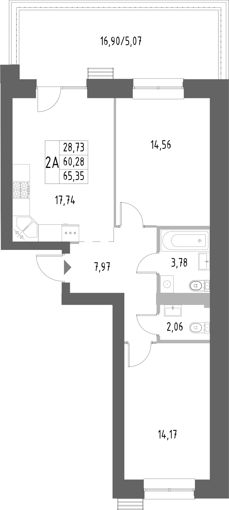 Планировка — Атмосфера, 2-комн., 60 м²