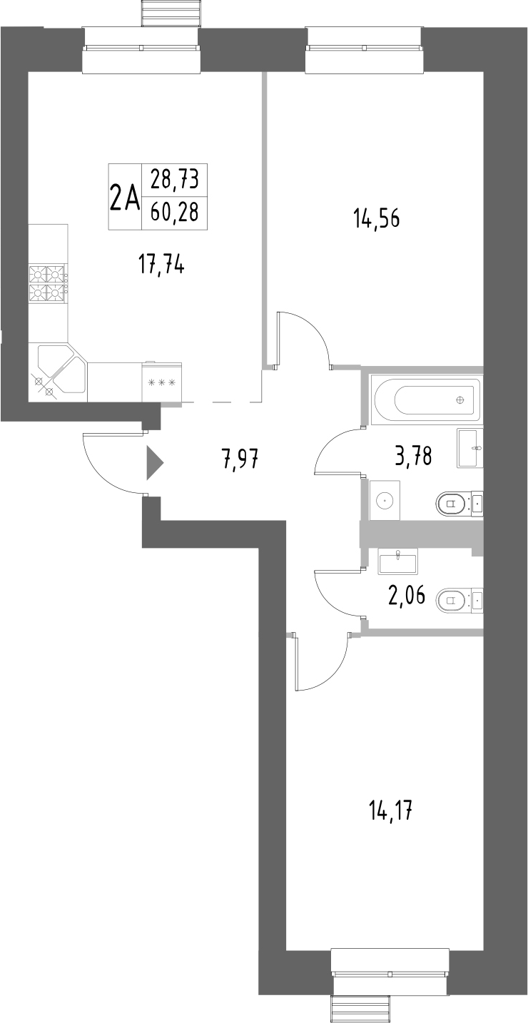 Планировка — Атмосфера, 2-комн., 60 м²