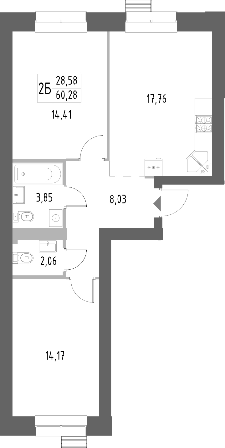 Планировка — Атмосфера, 2-комн., 60 м²