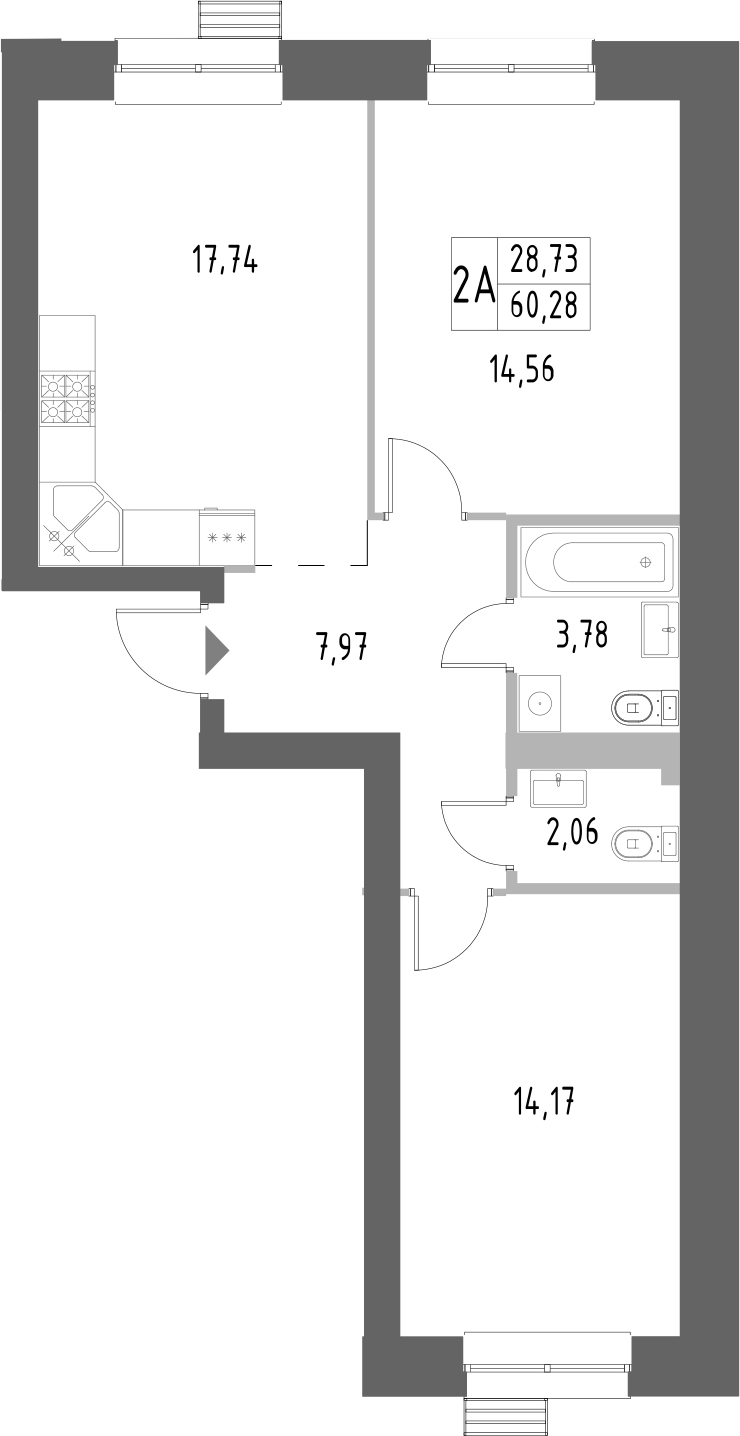 Планировка — Атмосфера, 2-комн., 60 м²