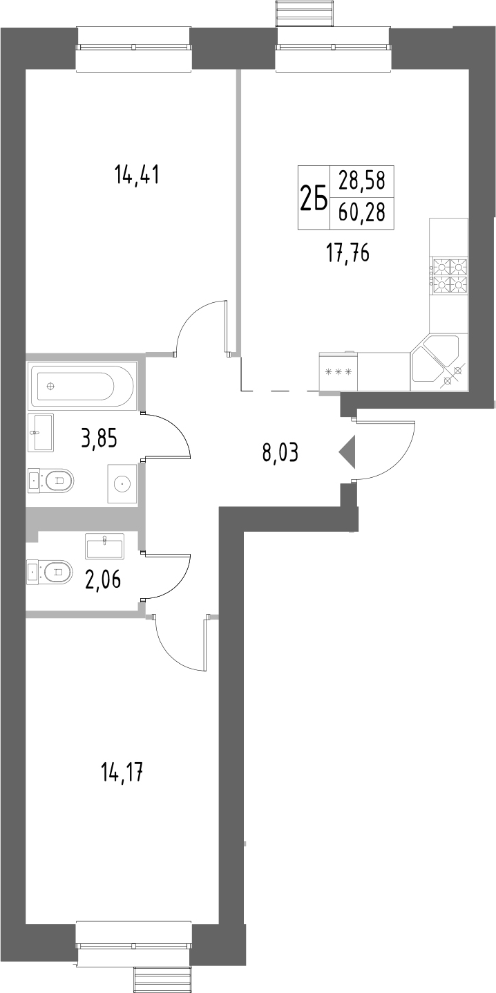Планировка — Атмосфера, 2-комн., 60 м²