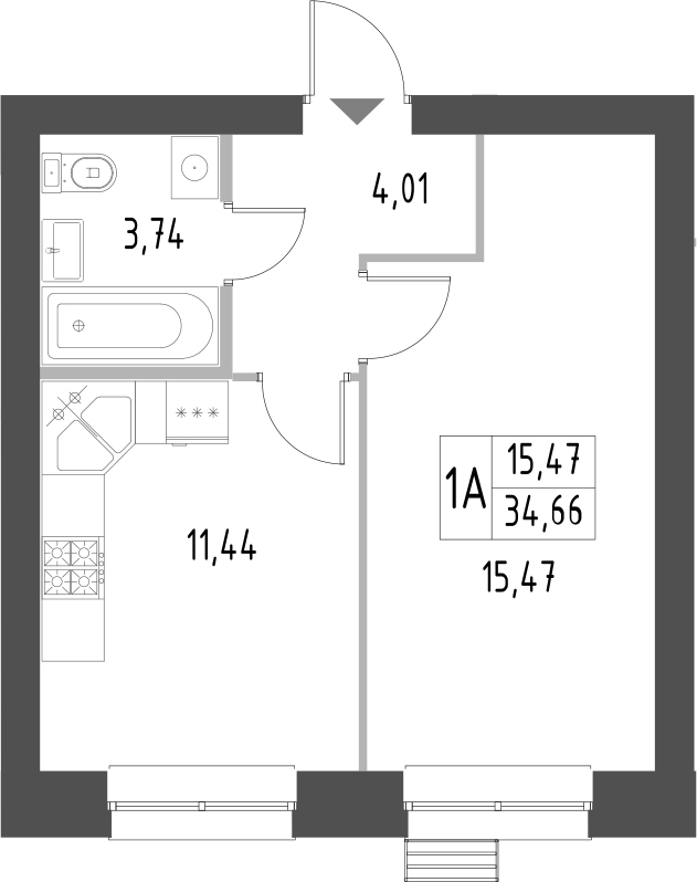 Планировка — Атмосфера, 1-комн., 35 м²