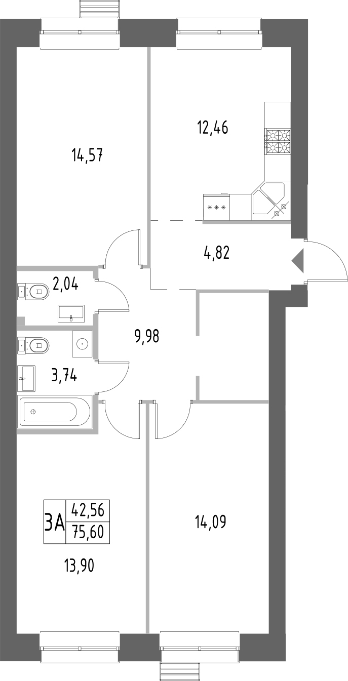Планировка — Атмосфера, 3-комн., 76 м²