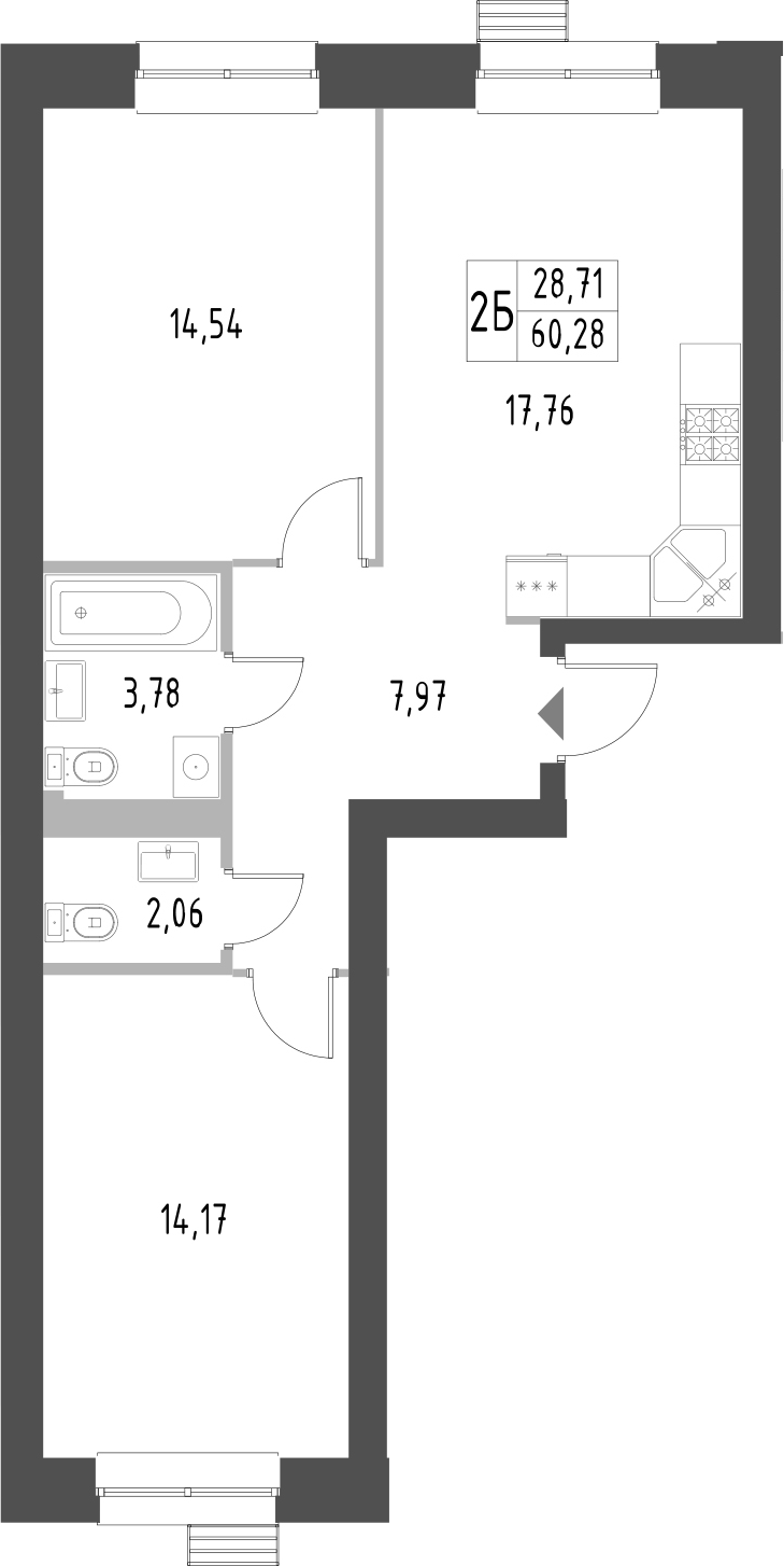 Планировка — Атмосфера, 2-комн., 60 м²
