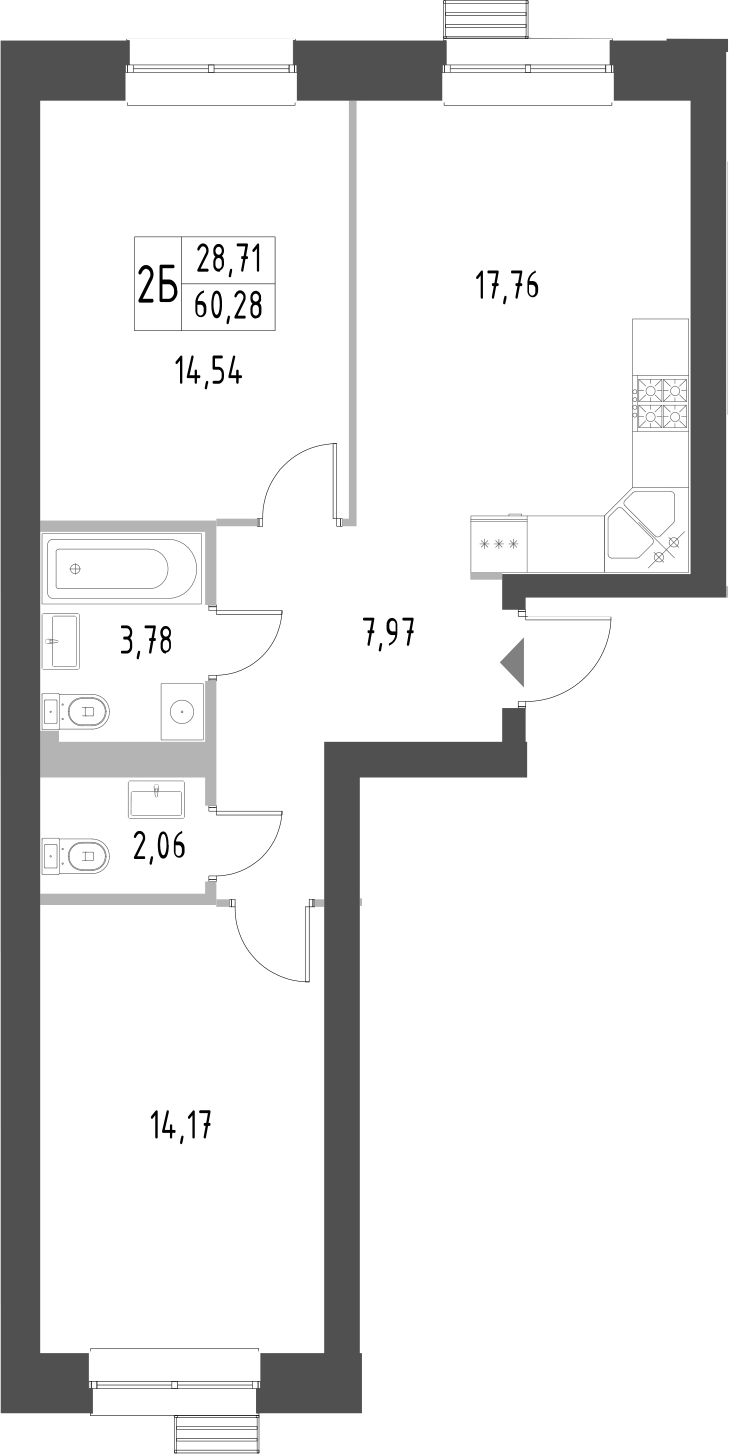 Планировка — Атмосфера, 2-комн., 60 м²