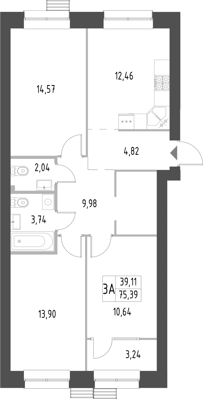 Планировка — Атмосфера, 3-комн., 75 м²