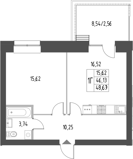 Планировка — Атмосфера, 1-комн., 46 м²
