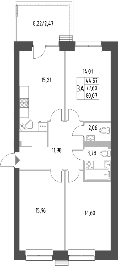 Планировка — Атмосфера, 3-комн., 78 м²
