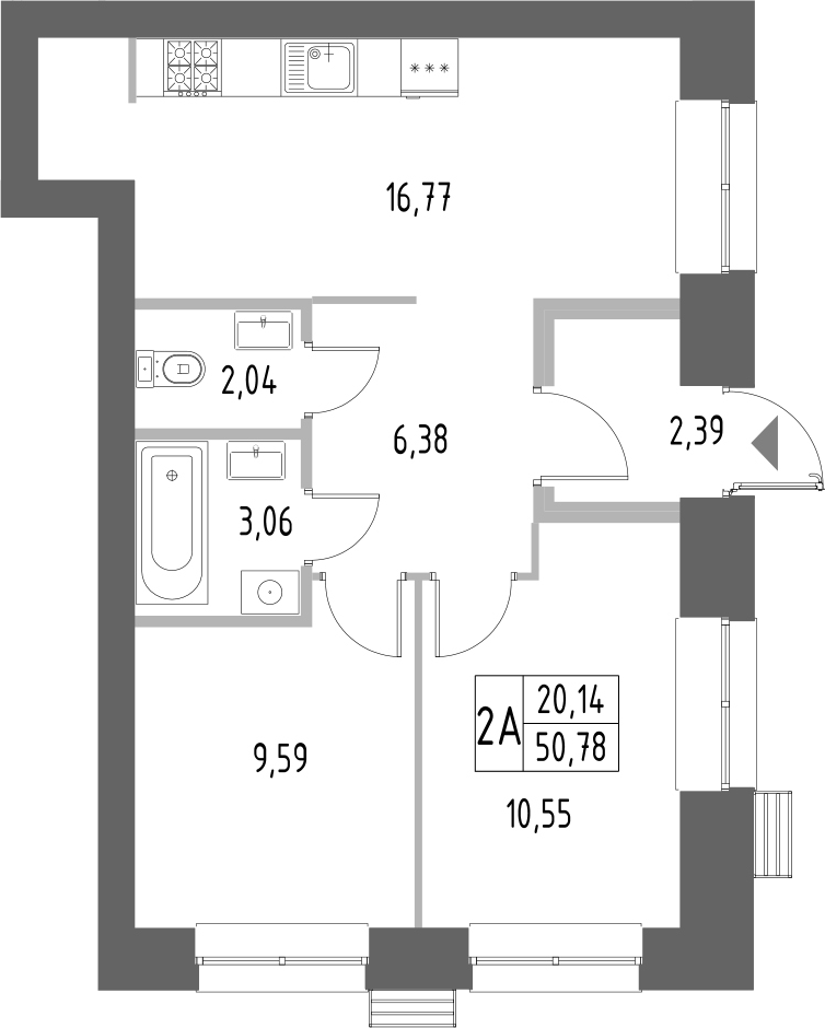Планировка — Атмосфера, 2-комн., 51 м²