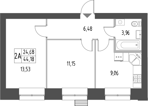 Планировка — Атмосфера, 2-комн., 44 м²