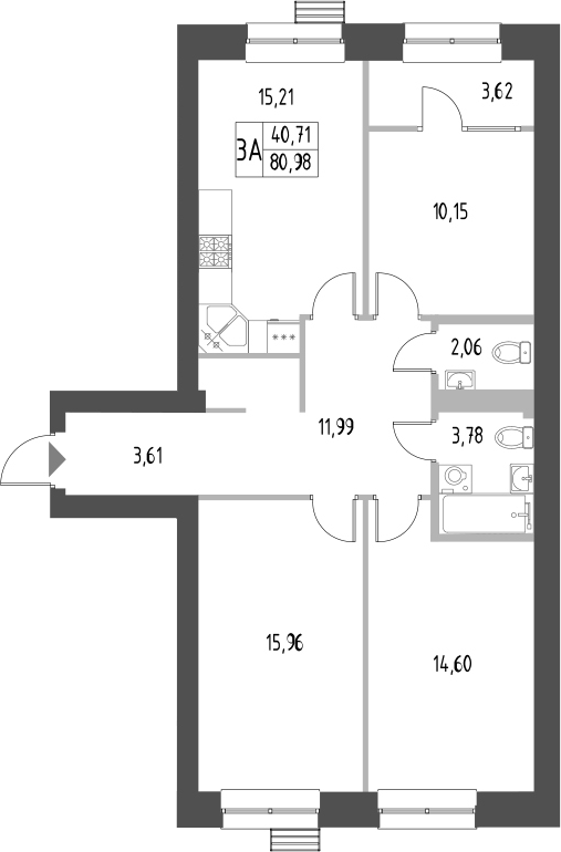 Планировка — Атмосфера, 3-комн., 77 м²