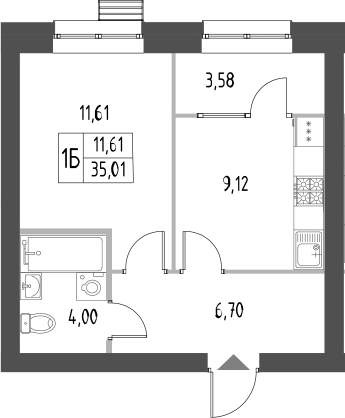 Планировка — Атмосфера, 1-комн., 35 м²